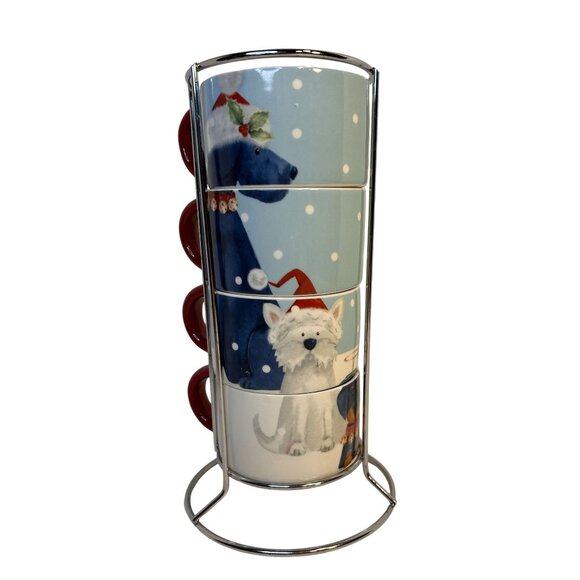 Pier 1 Imports Set-4 Stackable Christmas Winter Doggie Theme Coffee Cups 8 oz - Picture 3 of 8